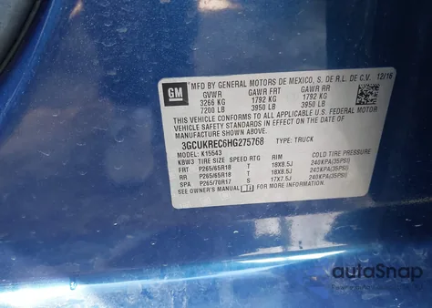 2017 Chevrolet Silverado 1500 2Lt from USA, damaged, VIN 3GCUKREC6HG275768